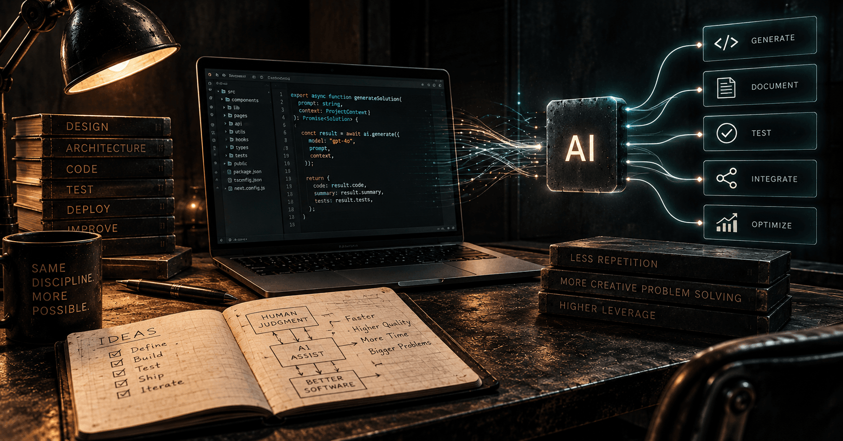 Abstract composition of layered circuitry and type suggesting automation and engineering judgment.